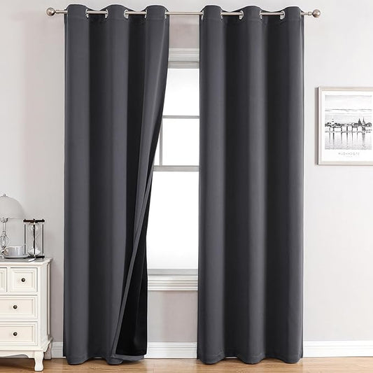 ChrisDowa 100% Blackout Curtains 84 inch Long for Bedroom with Black Liner, 2 Thick Layers Total Blackout Thermal Insulated Grommet Window Curtains 2 Panels Set (Dark Grey, 38 x 84 Inch)