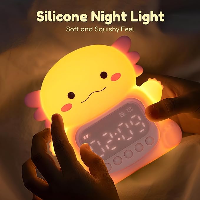 Axolotl Alarm Clock with Night Light for Kids, 7 RGB Color Cute Alarm Clocks for Bedrooms Ok to Wake Clocks, Silicone Animal Tabletop Lamp for Teen Girls Boys