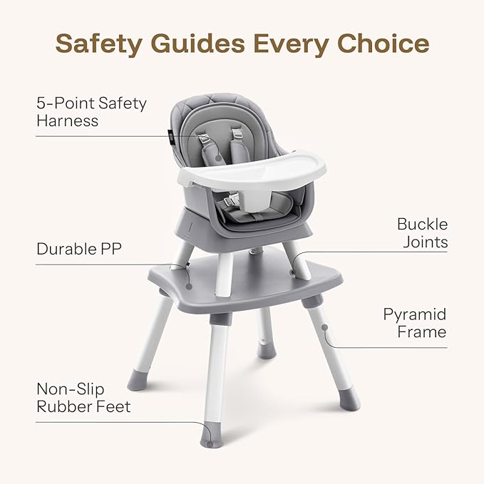 HARPPA 6 in 1 Baby High Chair, Convertible Infant Feeding Chair for Babies & Toddlers Table, Dining Booster Seat with Removable Tray, Grey