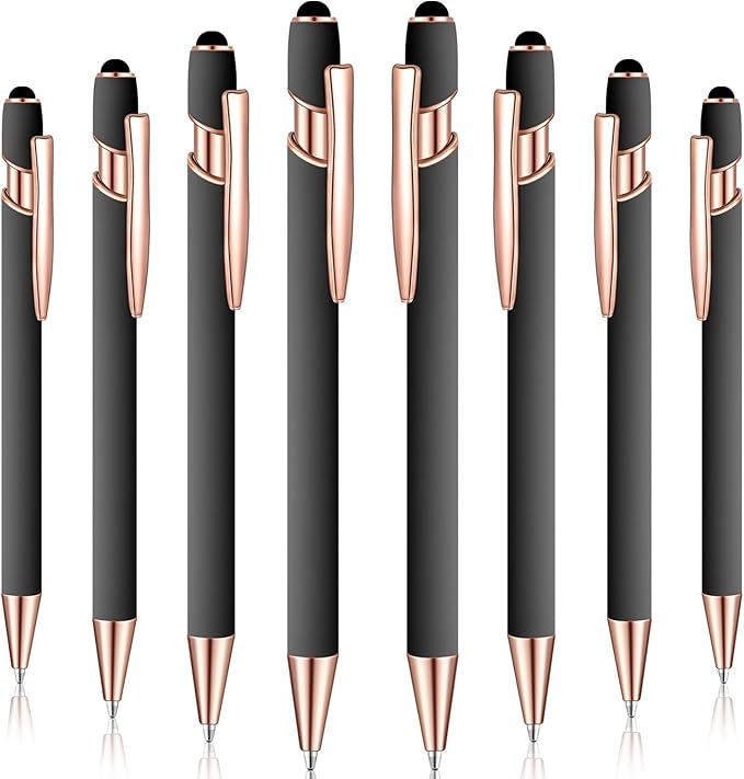 8 Pieces Ballpoint Pen with Stylus Tip Black Ink 2 in 1 Stylus Metal 1.0 mm Medium Point Smooth Pen Rainbow Colorful Rubberized Ballpoint for Touch Screen Tablet(Gray)