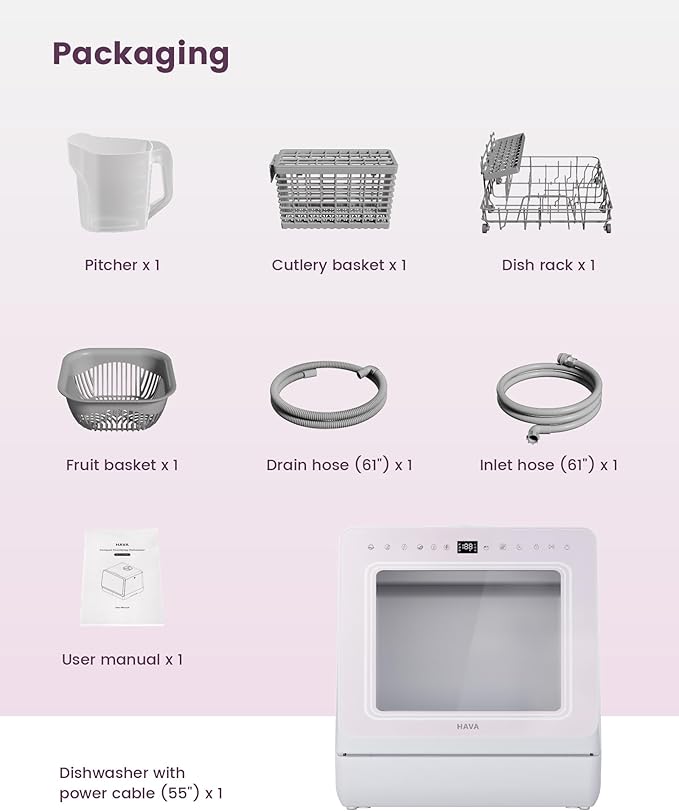 HAVA Countertop Dishwasher with Water Softener and Enhanced Energy Efficiency, Portable Dishwasher with 8 Wash Programs, Child Lock & Delayed Start Function, No Installation Needed - Misty Lilac