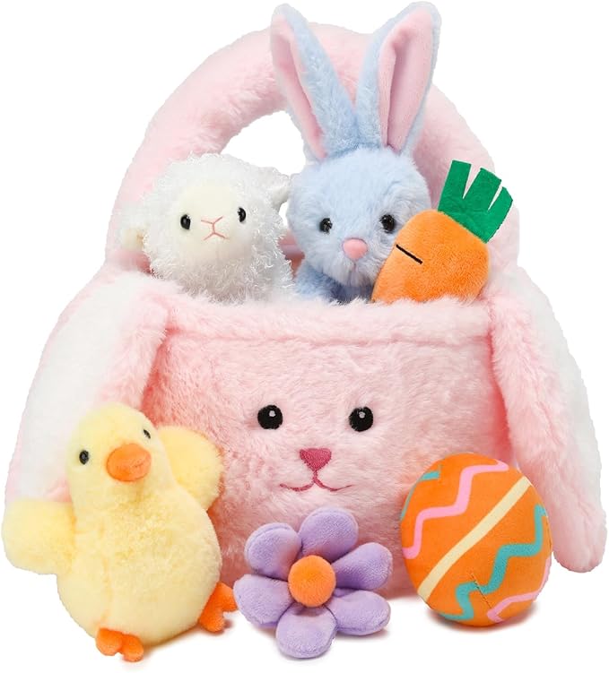 7 Piece Plush Stuffed Animals Playset Toys with Rabbit, Chick, Lamb, Carrot, Egg, Flower, Furry Bag, Soft Basket Set Toys for Girls Kids Ages 3+, Birthday Christmas Valentines Easter Party Favors