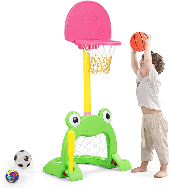 Costzon Toddler Basketball Hoop, 3-in-1 Sports Set for Basketball, Baseball & Football, 6 Height Adjustable Basketball Toy Activity Center for Indoor & Outdoor, Best Gift for Kids (Cute Frog)