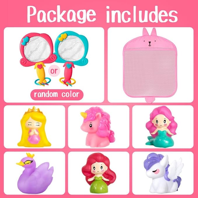 No Hole Bath Toys for Kids Ages 1-3, 8 Pcs Girl Bath Toys with Storage and Net, Sealed & Squeezable & Float on Water