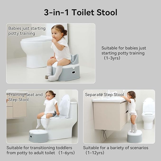 3 in 1 Toddler Potty Training Toilet Seat with Steps Ladder, Foldable Potty Train Chair Adapter for Toddlers Kids Boys Girls, Gray