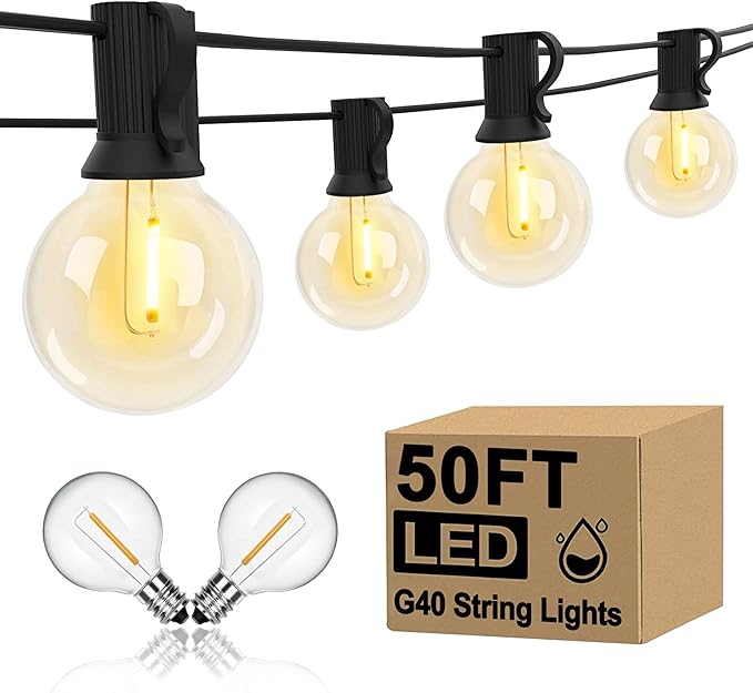 GOOTHY 50Ft G40 LED Outdoor String Lights, Waterproof with 52 Shatterproof Globe Bulbs, Hanging Backyard Lights for Party Cafe Balcony Porch Commercial Decorations - Black