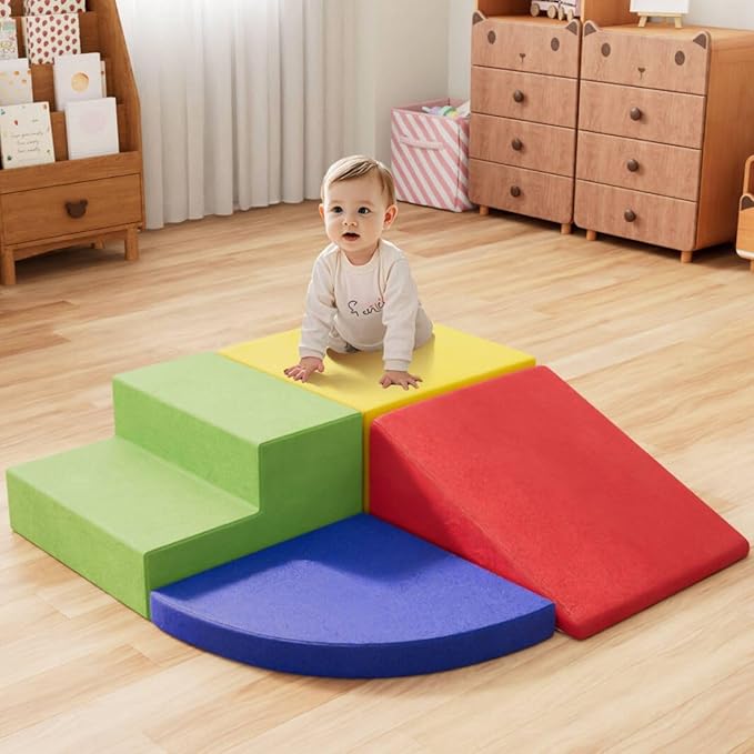 4 Piece Foam Climbing Blocks for Toddlers, Baby Climbing Gym with Ultra High Density Foam for Crawling and Sliding, Indoor Soft Play Set for Infant, Babies & Kids - Multicolor (Multicolor B, 4-Piece)