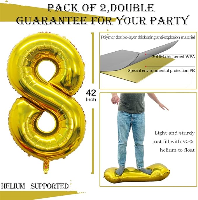 GOER Gold Foil Balloons Number 8,Huge Number Balloons for 8th 18th 28th 38th 48th Birthday Party Supplies Anniversary Decorations (3 pcs,42 inch,32 inch,16inch)