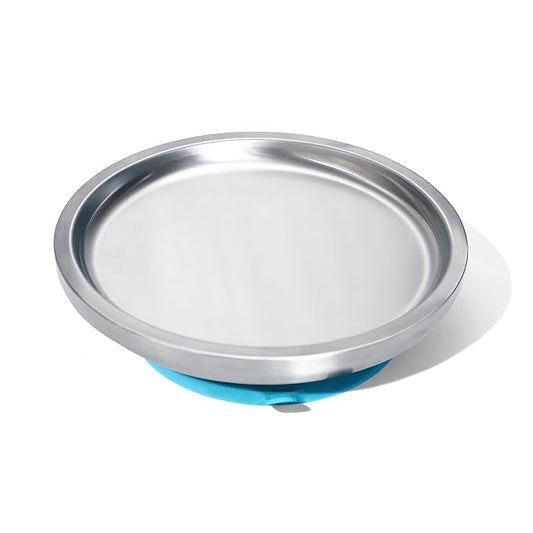 Avanchy Open Baby Plates with Suction – Stainless Steel Divided Plates for Toddlers, BPA-Free, Dishwasher Safe, Unbreakable, Non-Toxic, 100% Silicone Suction – Blue
