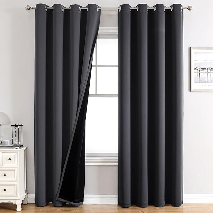 ChrisDowa 100% Blackout Curtains for Bedroom with Black Liner, 2 Thick Layers Total Blackout Thermal Insulated Grommet Long Window Curtains 2 Panels Set (Dark Grey, 52 x 95 Inch)