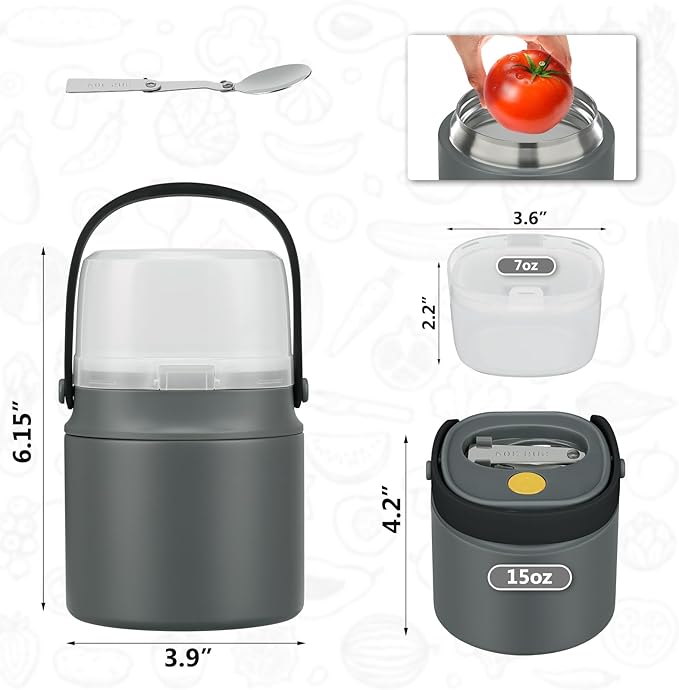 2 - in - 1 Soup Thermo for Hot Food 14oz with Snack Box Container Leak Proof Insulated Lunch Container Kids and Adults Stainless Steel Double Wall Vacuum Wide-mouth Thermal with Spoon and Handle