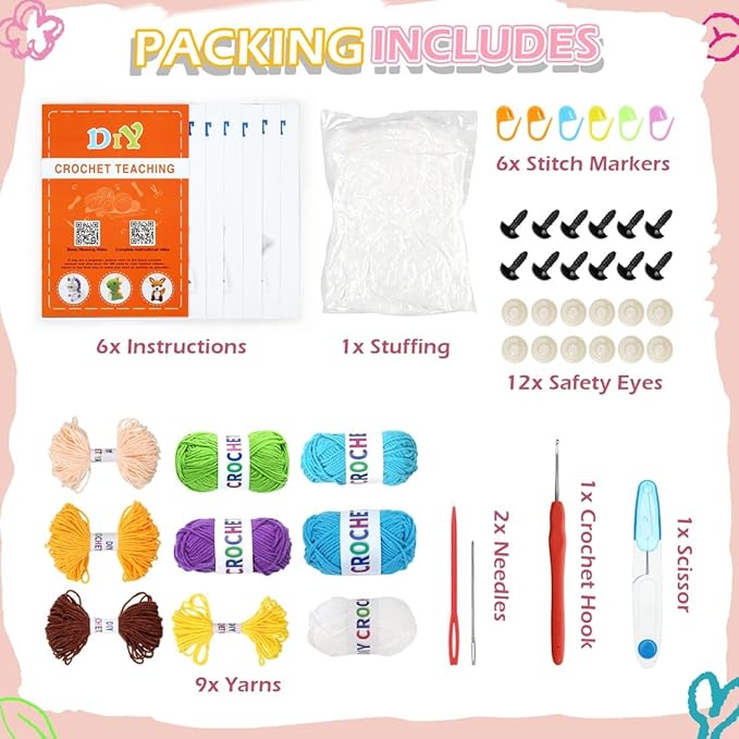 6 PCS Crochet Animal Kit –2026 DIY Amigurumi Crochet Kit for Beginners, Knitting Crochet Kit For Kids Adults , Knitting Kit with detailed videos tutorials, Yarn, Hook, Best Gift For Crochet Lovers