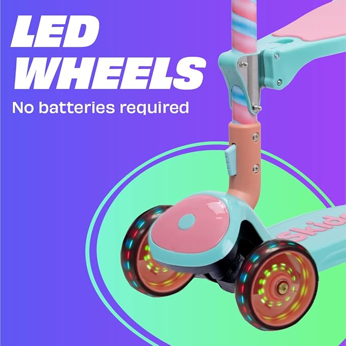 SKIDEE Kick Scooters for Kids Ages 3-5, Adjustable Height Foldable Scooter with Removable Seat, 3 LED Light Wheels, Rear Brake, Wide Standing Board, Suitable Up to 12 Year Old Boys/Girls