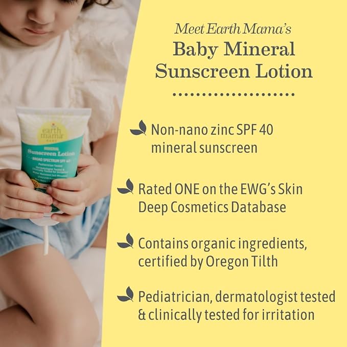 Earth Mama Baby Mineral Sunscreen Lotion SPF 40 | Non-Nano Zinc, Natural Water Resistant Sun Cream for Babies, Kids & Adults, 3-Ounce