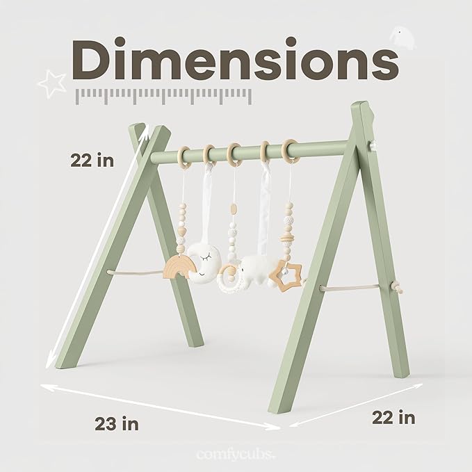 Comfy Cubs Wooden Baby Play Gym - Natural Finish Pinewood Baby Activity Gym with 5 Sensory Hanging Toys - Easy No-Tool Assembly, Safe and Durable for Infant Motor and Visual Development - Sage