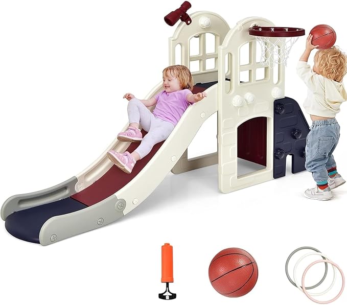 BABY JOY Toddler Large Slide, 6 in 1 Slide for Kids with Basketball Hoop, Ring Toss, 2 in 1 Convertible Climbing Way, Freestanding Kids Slide Climber Set for Indoors Outdoor Boys Girls Gifts Present