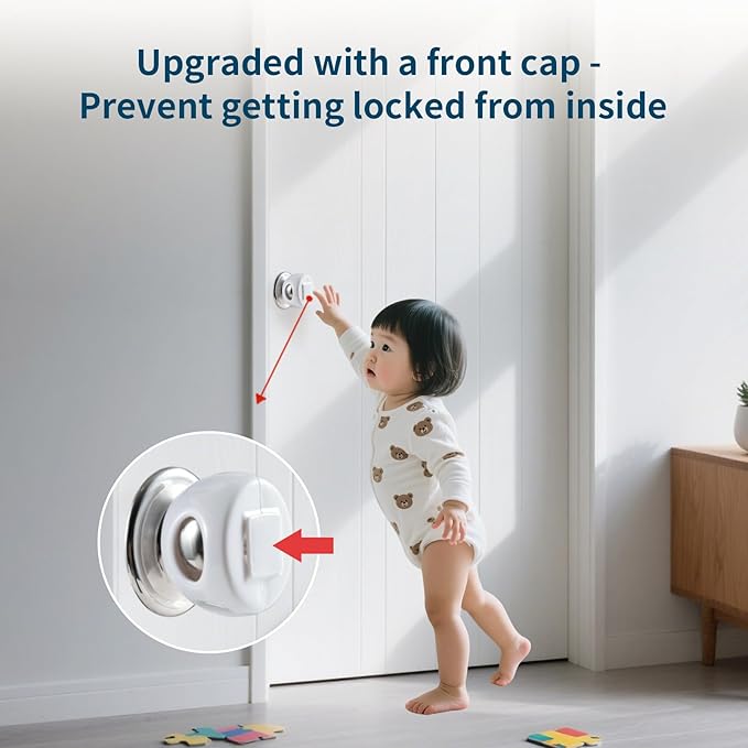 Inaya Door Knob Safety Cover for Kids (4 Pack) – Child Proof Door Knob Covers for Baby Proofing – Door Locks for Kids Safety, Fits Most Round Handles, Easy to Install, White