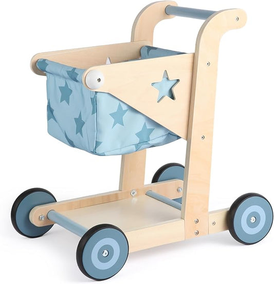 Asweets 2 in 1 Wooden Baby Walker Push and Pull Doll Stroller, Shopping Cart Learning Walker for Boys and Girls, Sit Stand Learning Toddler Toy (Blue)
