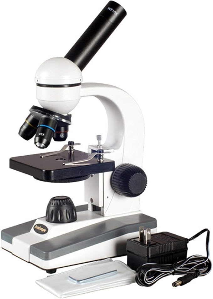 AmScope M148 Compound Monocular Microscope, WF10x Eyepiece, 40x-400x Magnification, LED Illumination, Brightfield, Single-Lens Condenser, Plain Stage, 110V or Battery-Powered, White