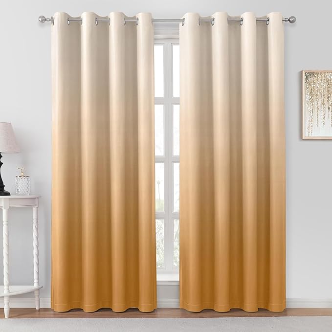 HOMEIDEAS Gold Ombre Blackout Curtains 52 X 84 Inch Length Gradient Room Darkening Thermal Insulated Energy Saving Grommet 2 Panels Window Drapes for Living Room, Bedroom