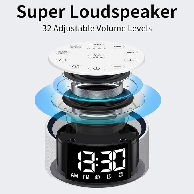 Brown Noise Machine Alarm Clock Sound White Noise Machine Night Light with 30 Sleeping Sounds for Baby Kids Adults 2 Alarms Backup Battery 32 Level Volume 15 Wake up Sounds for Mild Heavy Sleeper