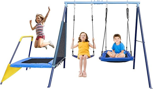440lbs Kids Swing Set, 3-in-1 Outdoor Playground with Platform Swing, Belt Seat & 4ft Trampoline, Heavy Duty A-Frame Metal Stand & Safety Stakes, Backyard Playset for Toddlers 3-8 Years Old