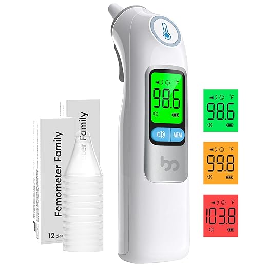 Ear Thermometer, Highly Accurate Ear Thermometer for Kids, Adults and Babies, 30 Memory Recall, 1s Result and 3-Color Fever Alert, with 24 Disposable Probe Covers, White