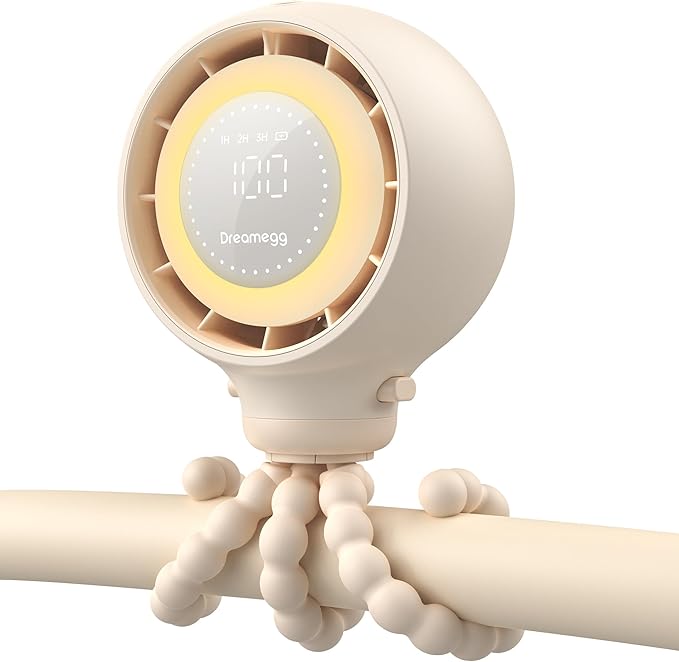 Dreamegg Portable Stroller Fan - 4000mAh Rechargeable Baby Stroller Fan With LED Display, Night Light, Hidden Blade, Detachable 4 Speed 360°Rotate, Handheld Cooling for Crib,Travel, Car Seat, Bedroom