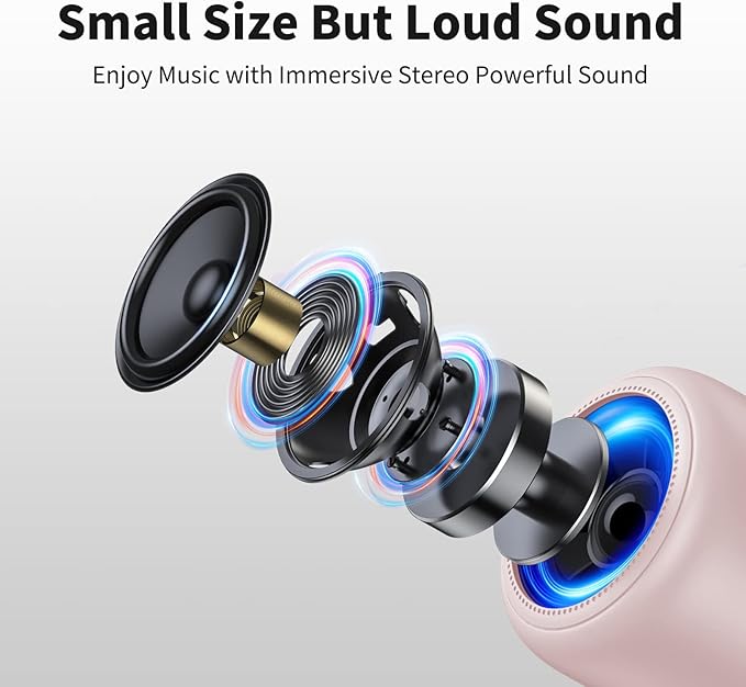 Bobtot Portable Bluetooth Speakers with Strap Easy to Carry, Wireless IPX5 Waterproof Mini Speaker with Loud Stereo Sound, 20 Hours Playtime, Rechargeable Battery, Built-in Microphone, Pink