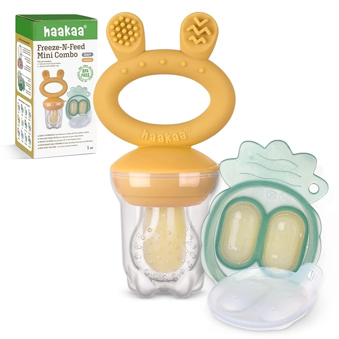 Haakaa Baby Fruit Food Feeder & Mini Freezer Nibble Tray Combo, Breastmilk Popsicle Molds for Baby Cooling Relief, BPA Free Silicone Feeder for Safe Infant Self Feeding, 4 Month+ (Mustard)