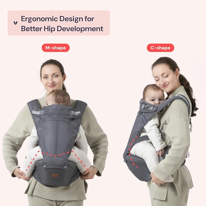 BabbleRoo Grow Carrier – Safety-Certified 6-in-1 Baby Carrier with Hip Seat, Ergonomic & Adjustable Toddler Carrier 7-50 lbs with Hip Support, Hood for Sun Protection, Newborn to Toddler, Gray