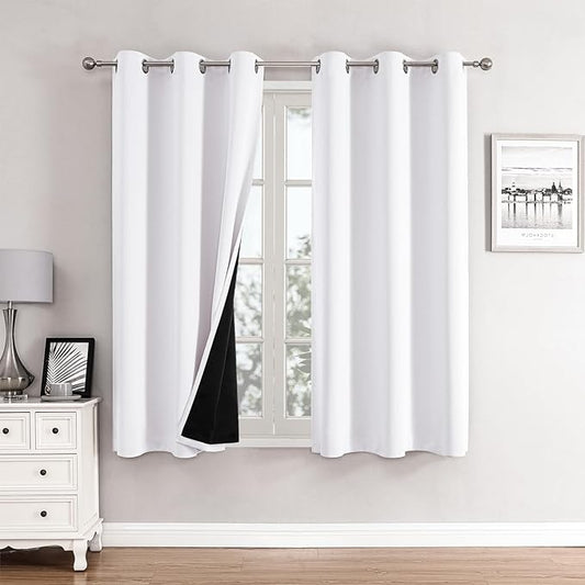 ChrisDowa 100% Blackout Curtains 63 inch Long for Bedroom with Black Liner, 2 Thick Layers Total Blackout Thermal Insulated Grommet Window Curtains 2 Panels Set (Pure White, 38 x 63 Inch)