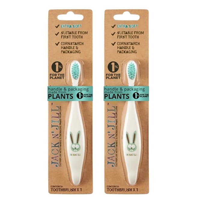 Jack N' Jill Kids Toothbrush - Extra Soft Bristle Toothbrush for Kids, Handle & Packaging Made from Plants (Corn), Ergonomic Handle for Little Hands - Bunny Baby (2 Pack)