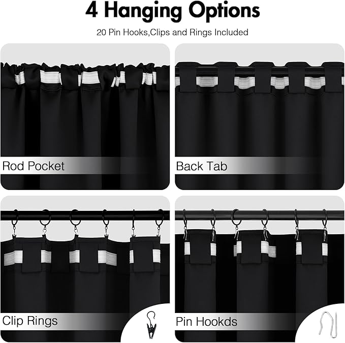 ANRODUO Back Tab Blackout Curtains for Bedroom Living Room, Rod Pocket Pinch Pleated Thermal Insulated Room Darkening Curtains 90 Inches Long 2 Panels, Black, 52 x 90 Inch