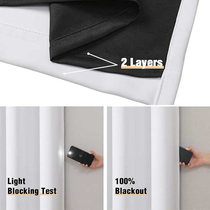 ChrisDowa White 100% Blackout Curtains for Bedroom with Black Liner, 2 Thick Layers Total Blackout Thermal Insulated Grommet Window Curtains 2 Panels Set (Pure White, 52 x 45 Inch)