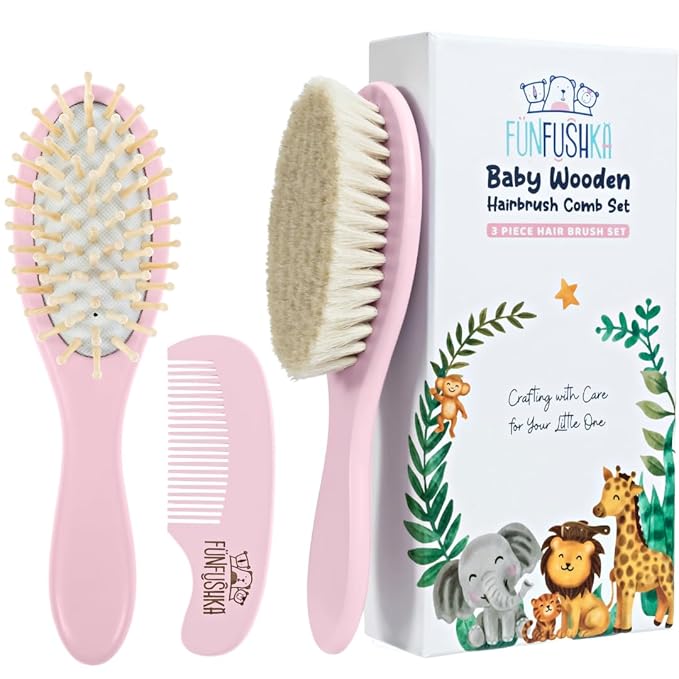 Baby Hair Brush Set for Newborns - Baby Brush and Comb Set - Ultra Soft Goat Hair Bristles, Perfect for Cradle Cap, Newborn Showers & Registries Gift, Comb Brush for Girls & Boys (Rosa)