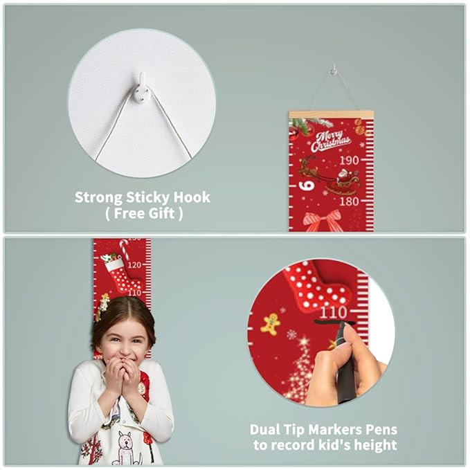 Christmas Decorations, Growth Chart for Wall, Height Chart for Kids, Xmas Nursery Decor, Hanging Ruler Wall Decor, Baby Room Decor, Christmas Gifts for Boys Girls - 76.7 x 7.9 inch with Beige Wood