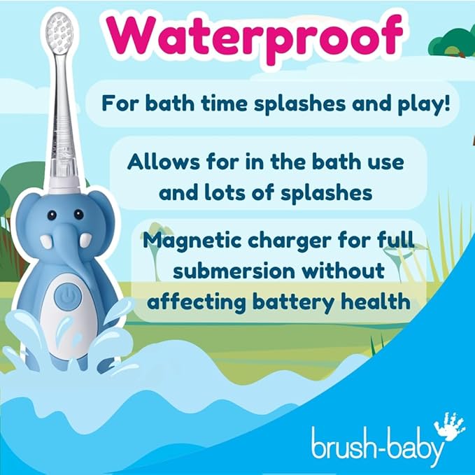 brush-baby WildOnes Kids Electric Rechargeable Toothbrush Elephant, 1 Handle, 3 Brush Heads, USB Charging Cable, for Ages 0-10 (Elephant)