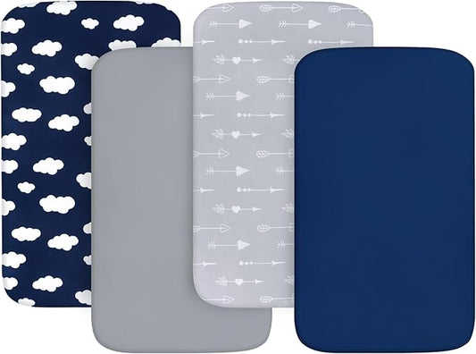 4-Pack Fitted Pack and Play Sheets for Boys and Girls - Breathable, Soft Microfiber Baby Sheets in Grey and Navy