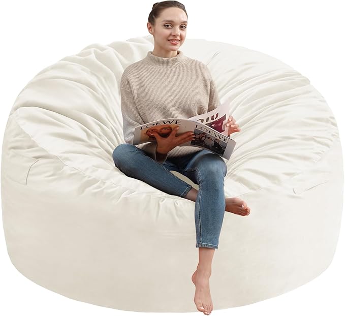 3FT Bean Bag Chair, Comfy Bean Bag Chairs with Memory Foam Filled, Fluffy Beanbag Sofa with Dutch Velvet Cover, Round BeanBag Chairs for Living Room, Playroom - Beige