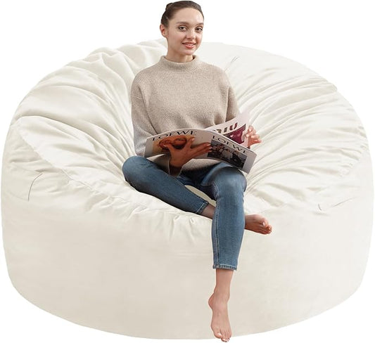 3FT Bean Bag Chair, Comfy Bean Bag Chairs with Memory Foam Filled, Fluffy Beanbag Sofa with Dutch Velvet Cover, Round BeanBag Chairs for Living Room, Playroom - Beige