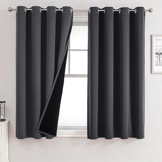 ChrisDowa 100% Blackout Curtains for Bedroom with Black Liner, 2 Thick Layers Total Blackout Thermal Insulated Grommet Small Window Curtains 45 Inch Length 2 Panels Set (Dark Grey, 52 x 45 Inch)