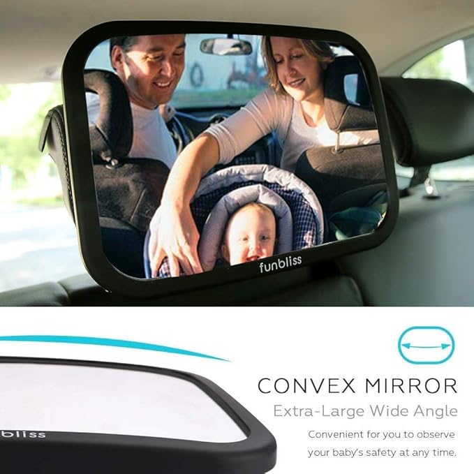 Funbliss Bar Mirror for Baby + 2 Pack Car Window Shades Bundle (19″ × 12″), UPF 50+ Window Shade for Baby in Car, 360° Rotation Fully-Adjustable Straps
