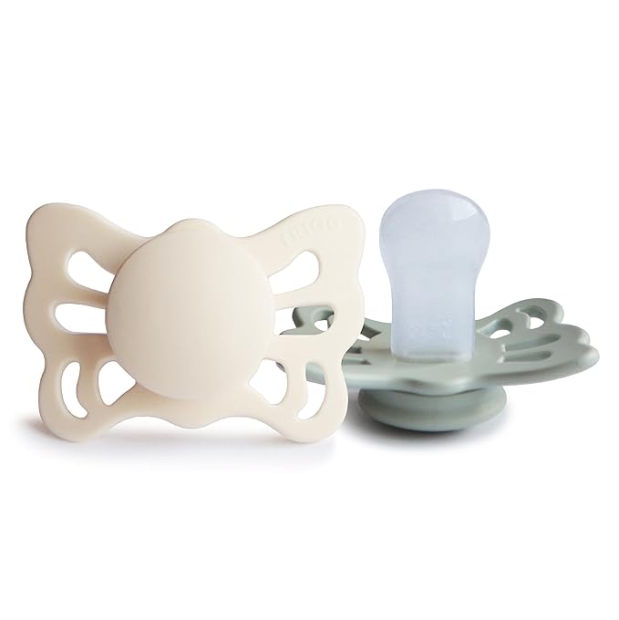 FRIGG Butterfly Anatomical SilkySoft Silicone Baby Pacifier | Made in Denmark | BPA-Free (Cream/Sage, 0-6 Months)