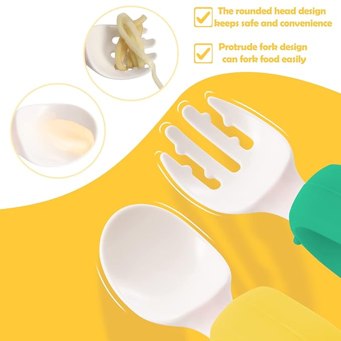 Baby Self Feeding Training Spoon and Fork Set with Travel Case, BPA-Free Cute Circle Toddler Training Utensils, Silicone/ABS Great Tableware Set Spoons Fork for Kids(Deep Green & Light Yellow)
