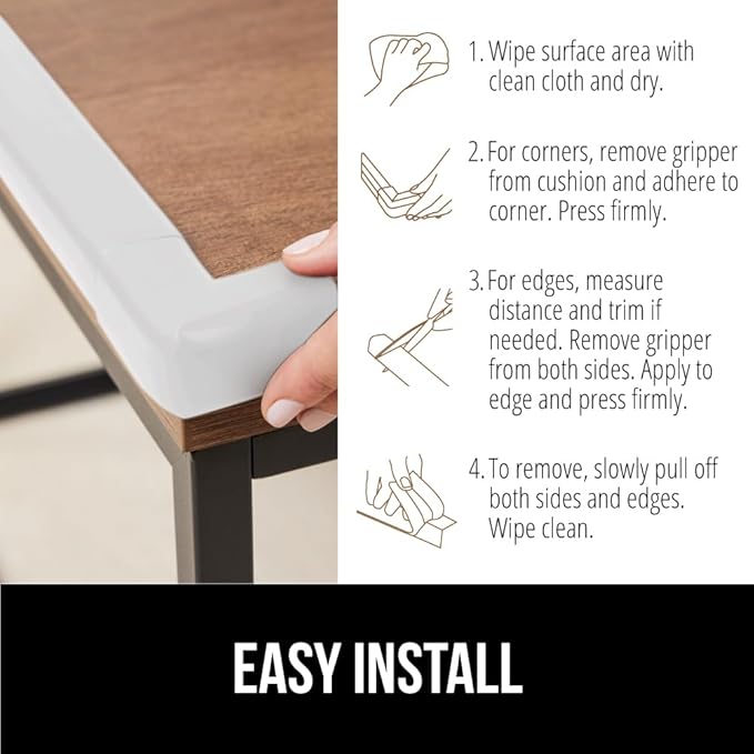 GORILLA GRIP Baby Proof Corners and Edges for Furniture, Kid Proofing Adhesive Table Corner Protectors, Heavy Duty Soft Rubber Foam Protection, Includes 8 Protective Safety Guards, 18 Feet, Off White