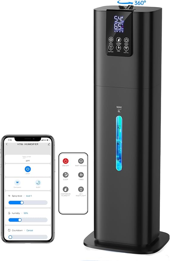 8L Smart Humidifiers for Bedroom Large Room, 2.1Gal Cool Mist Top Fill Diffuser Ambient Light, App & Remote Control, 3 Mist Modes, Quiet Humidifier for Home Office Plant (Black)