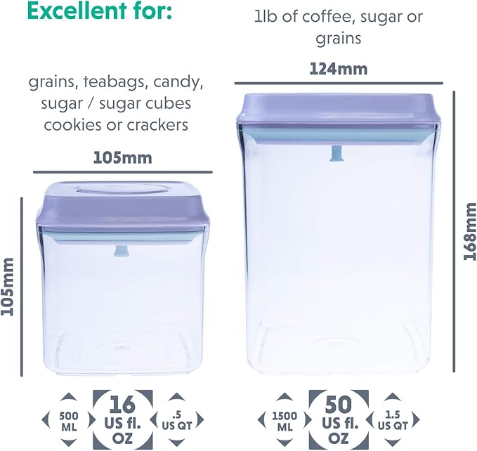 BopTop (2pc Set) Airtight Food Storage Container – Mechanical Silicone Seal Canister - BPA-Free Stackable - 1.5Qt/.5Qt