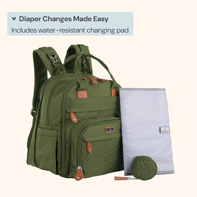 BabbleRoo Extra Large Diaper Bag Backpack, Expandable Baby Bag with Up to 50% More Capacity - Travel Essentials Baby Bag Tote with Changing Pad, Stroller Straps & Pacifier Case - Unisex, Forest Green