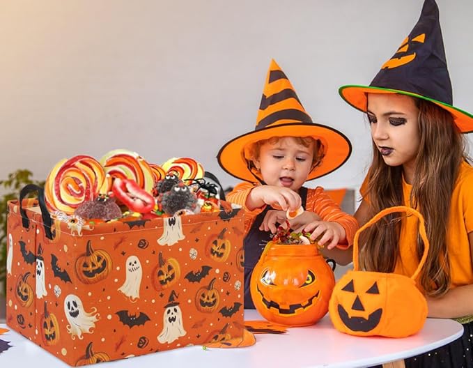 HIYAGON Halloween Basket Halloween Pumpkin Basket for Boys and Girls Trick or Treat Pumpkin Basket for Halloween Parties Cute Storage Bin Organizer Box Rectangular Room Decor(Halloween Pumpkin)
